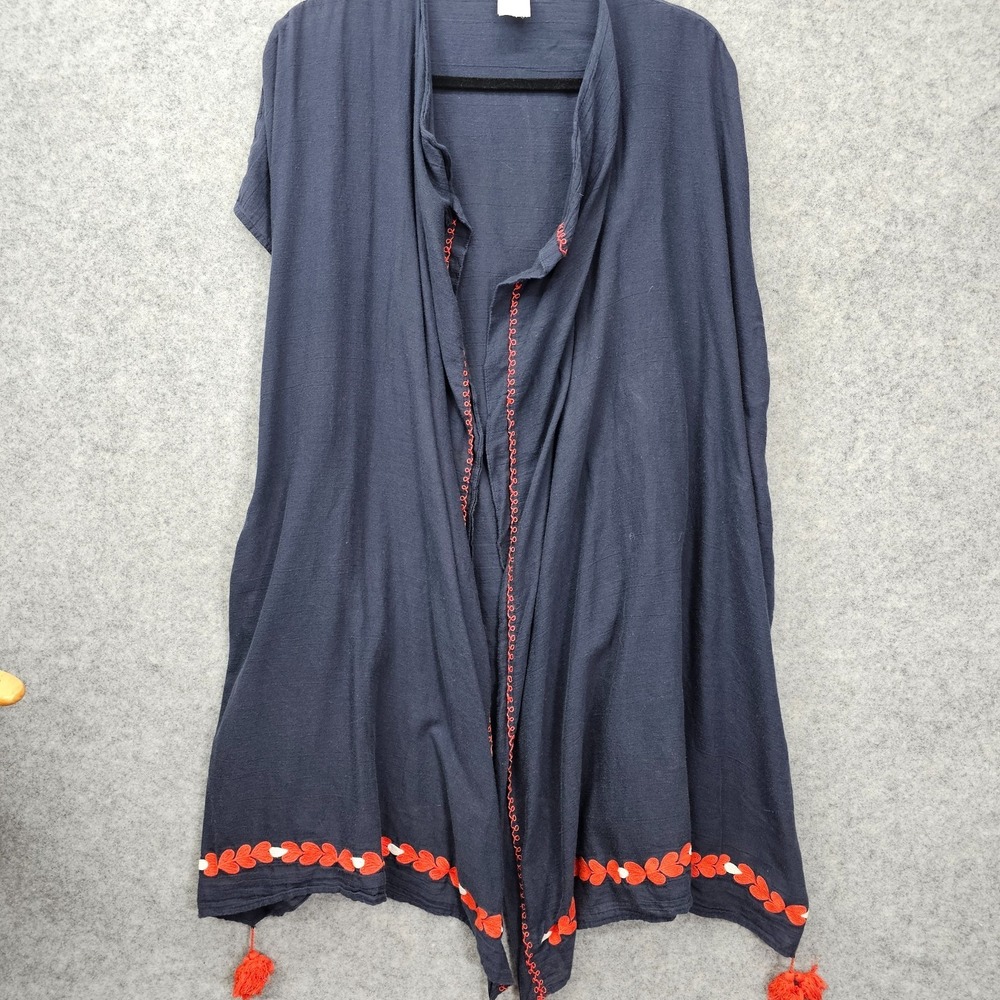 J CREW Kimono Cover Up Womens L XL Blue Boho Oversized Open Front Poncho Tassel‎